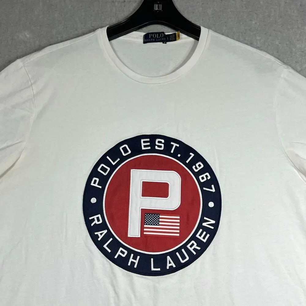 Polo Ralph Lauren Crewneck T-Shirt Men’s Large White Crest/ US Flag Embroidered